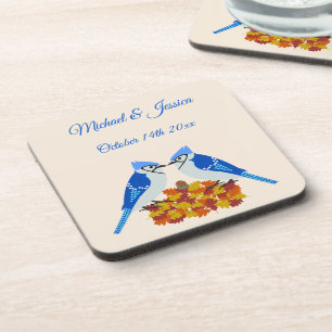 Küssen von blauen Jay Hochzeit im Herbst nach Maß Getränkeuntersetzer