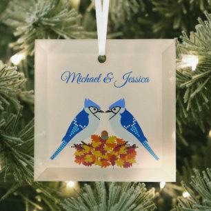 Küssen von blauen Jay Hochzeit im Herbst nach Maß Ornament Aus Glas