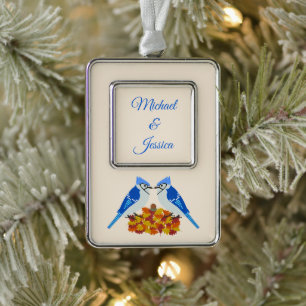Küssen von blauen Jay Hochzeit im Herbst nach Maß Rahmen-Ornament Silber