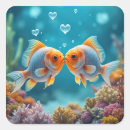 Küssen von Fisch mit Herzblasen Quadratischer Aufkleber