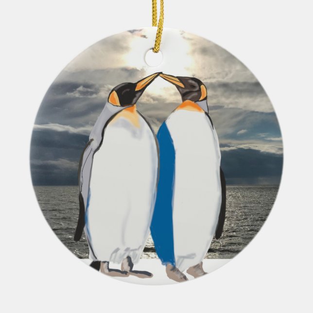 Küssen von König Pinguin Pair in der Artik Keramik Ornament (Vorne)