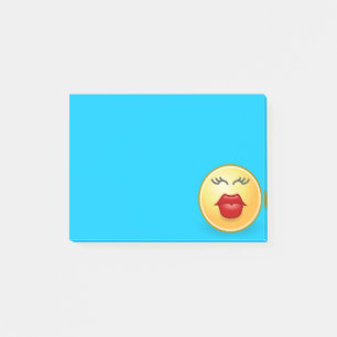 Küssendes Gesicht auf blauem Post-it-Zettel Post-it Klebezettel