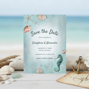 Küste Beach Blue Watercolor Seashells Coral Save The Date