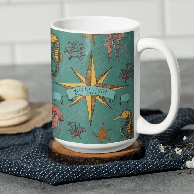 Küste Bester Vater je Vatertag Unterwasser Aquamar Kaffeetasse (Best Dad Ever Nautical Teal Mug for Father's Day. Ocean Underwater Seahorse, Jellyfish, Starfish)