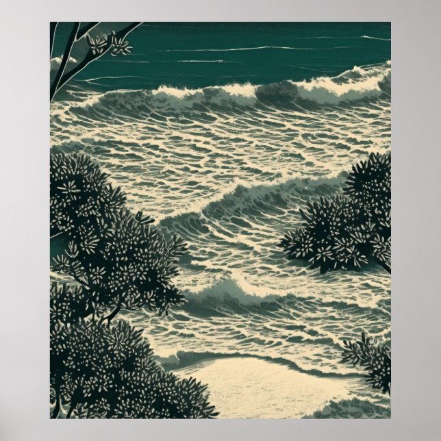 Küste Bliss: Serene Sandy Beach Lino Cut Zeichnend Poster (Vorne)