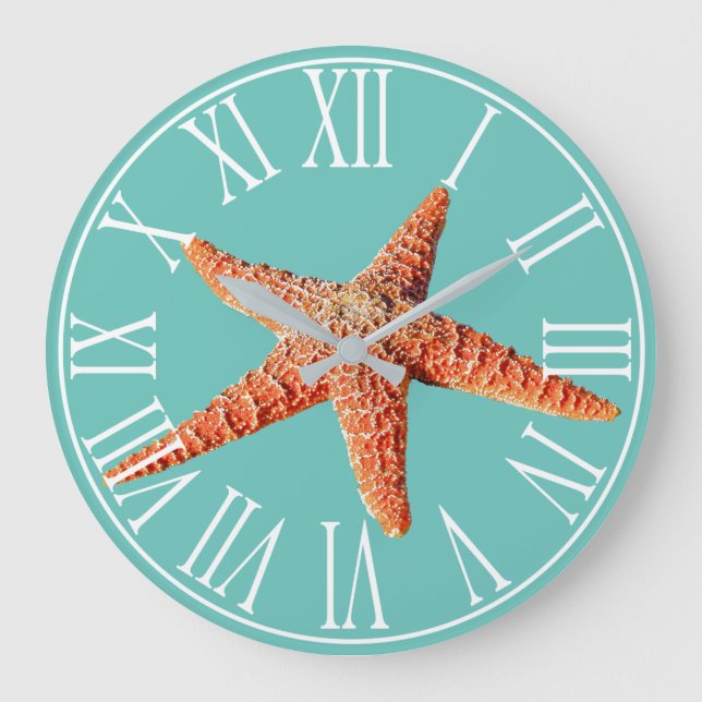 Küste Elegantes Meer Grün & Orange Starfish Große Wanduhr (Vorderseite)