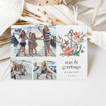 Küste | Nautische Holiday Foto Collage Card Feiertagskarte<br><div class="desc">Die niedliche Ferienfotokarte zum Thema Küste bietet drei Fotos in einer Collage-Anordnung, neben einer Aquarellanker-Abbildung mit poinsettia Blume, rotem Seestern und farbenfroher Weihnachtsgrün. Darunter erscheint "Meer und Grüße", zusammen mit Ihren Namen und dem Jahr. Fügen Sie auf einem harbour blauen Hintergrund auf der Rückseite ein zusätzliches Foto und eine optionale...</div>