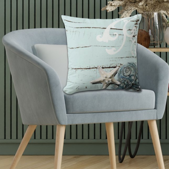 Küste Strand Meer Aqua Blue Seesterne Muscheln Kissen (Coastal Beach Seaside aqua blue starfish seashells Throw Pillow)