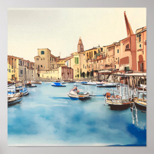 Küste und Boote im Hafen, italienisch Poster