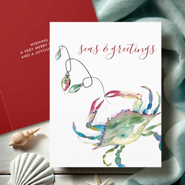 Küste Wasserfarbe Krabbenstrand Weihnachten (Beach Christmas cards watercolor blue crab art by Victoria Grigaliunas Do Tell A Belle)