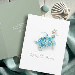 Küste Weihnachtssee Schildkröte Wasserfarbe Feiertagskarte<br><div class="desc">Feiern Sie Weihnachten 2024 mit dieser bezaubernden Strandurlaub-Karte, die meine handbemalte Aquarellbilder einer Meeresschildkröte mit heiligen und roten Beeren in lebhaften tropischen Farben auf einem knusprigen weißen Hintergrund zeigt. Das festliche "Frohe Weihnachten" ist in der modernen Schriftzeichen-Typografie geschrieben, während das Innere einen soliden, grünen Hintergrund mit Ihrem persönlichen Gruß in...</div>