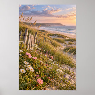 Küsten Dünen Wildblumen Sonnenuntergang Strand Wan Poster