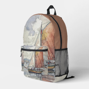 Küsten-Segelschiff-Wasserfarben-Szene gedruckter R Bedruckter Rucksack