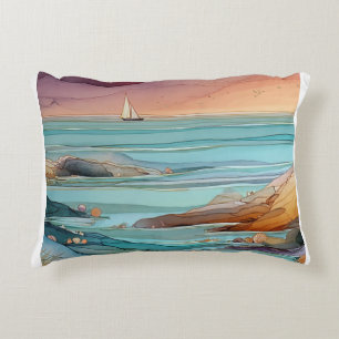 Küsten-Sonnenuntergangs-Serenität – Aquarell-Ozean Dekokissen