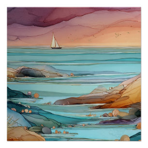 Küsten-Sonnenuntergangs-Serenität – Aquarell-Ozean Poster