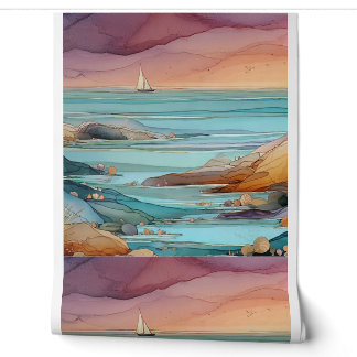 Küsten-Sonnenuntergangs-Serenität – Aquarell-Ozean Tapete