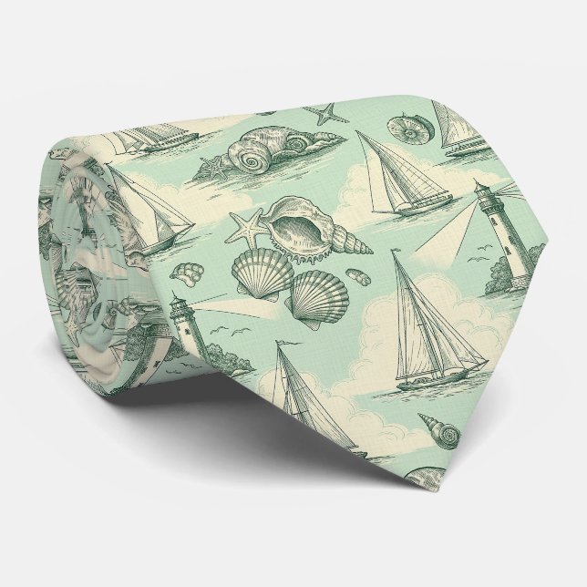 Küsten-Toile mit Leuchttürmen, Segelbooten Krawatte (Gerollt)