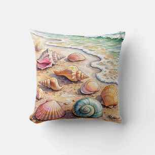 Küsten-Wasserfarbe-Muscheln am Strandufer Kissen
