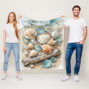 Küstenaquarell mit Treibholzszene Fleecedecke