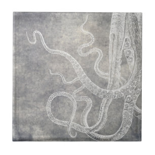 Küstenaquarell-Oktopus-Silber-Pewter-Neutral Fliese