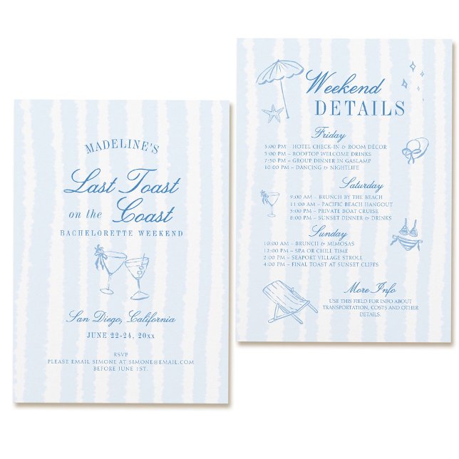 Küstenbachelorette Letzter Toast Hand gezeichnete  Einladung (coastal bachelorette party invitation last toast on the coast hand drawn stripes blue itinerary)