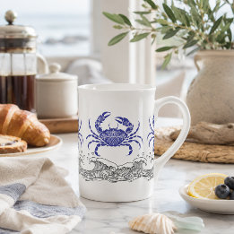 Küstenblaue Krabben-Kaffeetasse mit Ozeanwellen Prozellantasse