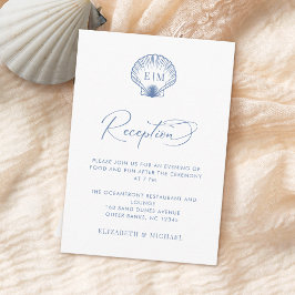 Küstenblaue Muschel-Monogramm-Hochzeitsempfang Begleitkarte