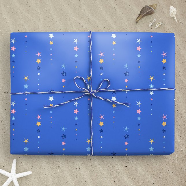 Küstenblaue Seesterne-Streifen Geschenkpapier (Cobalt Blue Starfish Stripes wrapping paper gift mockup)