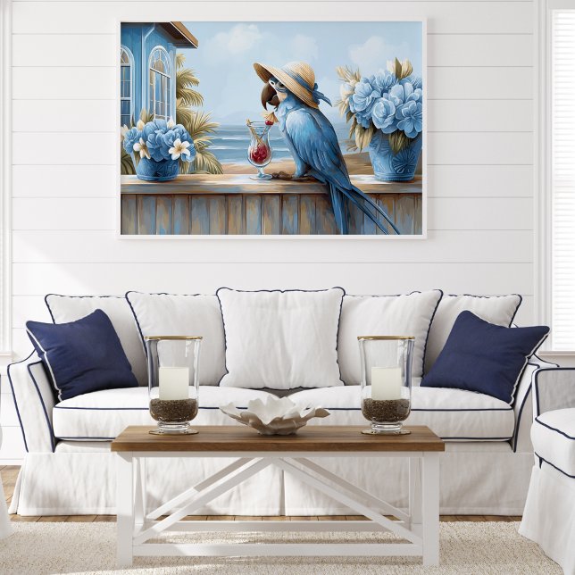 Küstenblauer Papagei-Kunstprint | Wandposter Poster (Coastal Blue Parrot Art Print | Wall Poster by TinkPrints. )