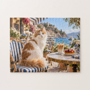 Küstencafé mit Katze am Meer mit Eiskaffee Puzzle
