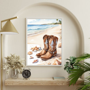 Küstencowgirl-Braune Stiefel am Sandstrand Poster
