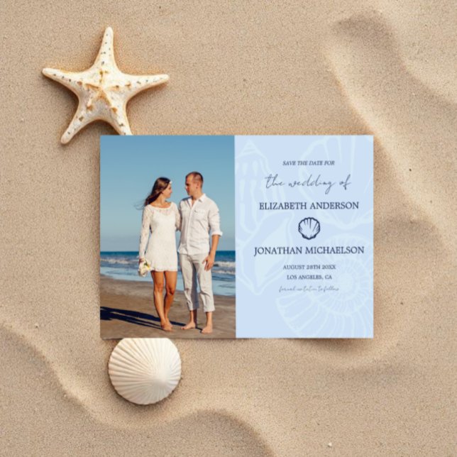 Küstenehe in Blautönen mit Muscheln Save The Date (Von Creator hochgeladen)