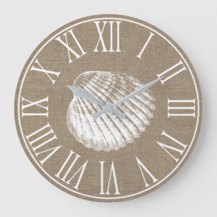 Küstenelegante Imitate Burlap & White Seashell Große Wanduhr