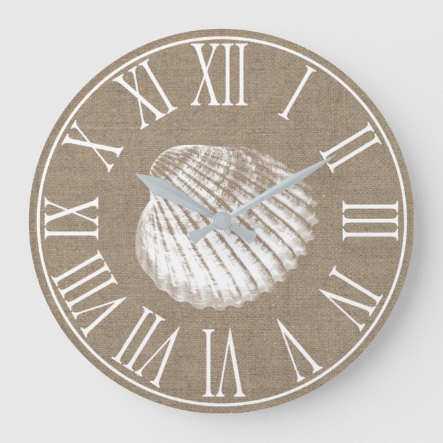 Küstenelegante Imitate Burlap & White Seashell Große Wanduhr (Vorderseite)