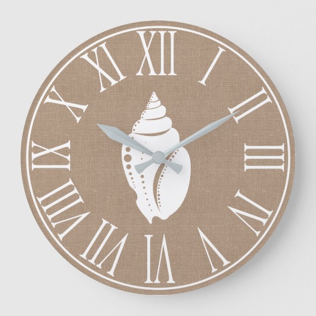 Küstenelegante Imitate Burlap & White Seashell Große Wanduhr (Vorderseite)