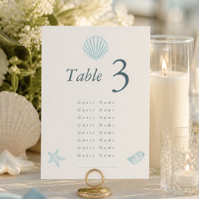 Küsteneleganz Hochzeit Tischnummer (Coastal Seashell Elegant Wedding Table Number)