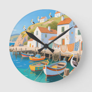Küstenfischerdorf Pelikane Runde Wanduhr