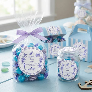 Küstengestreifte Baby Shower "Wir sehen uns bald" Runder Aufkleber