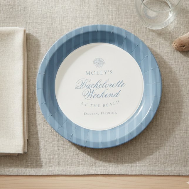 Küstengestreifte Jungfernfrau Pappteller (Coastal Blue Stripe Bachelorette Paper Plates)