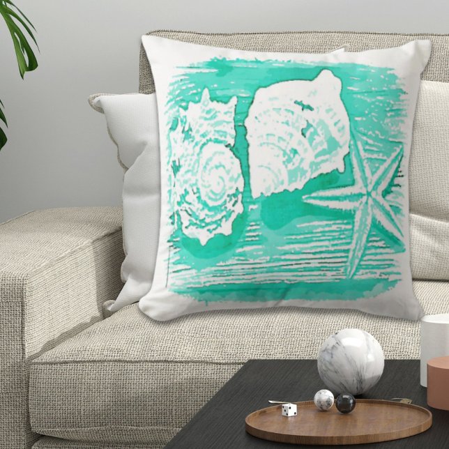 Küstengewässerfarbe aquamarine Muschelstäbchen Kissen (coastal beach watercolor teal seashell starfish throw pillow)
