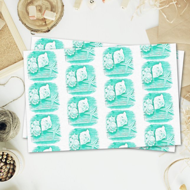 Küstengewässerfarbe aquamarine Muschelstäbchen Seidenpapier (coastal beach watercolor teal seashell starfish tissue paper)