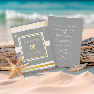 Küstengold Weiß Graue Streifen Nautische Hochzeit Folieneinladung