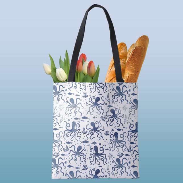 Küstengrün-Wasserfarbe Unterwasser-Oktopus-Muster (Modern blue and white nautical coastal aesthetic octopus art tote bag)