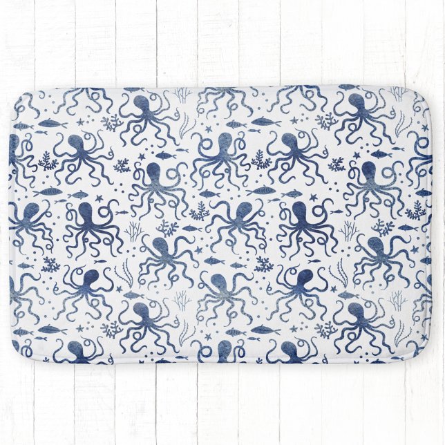 Küstengrün Wasserfarbe Unterwasser-Oktopus-Muster Badematte (Octopus watercolor pattern blue and white art bath mat)