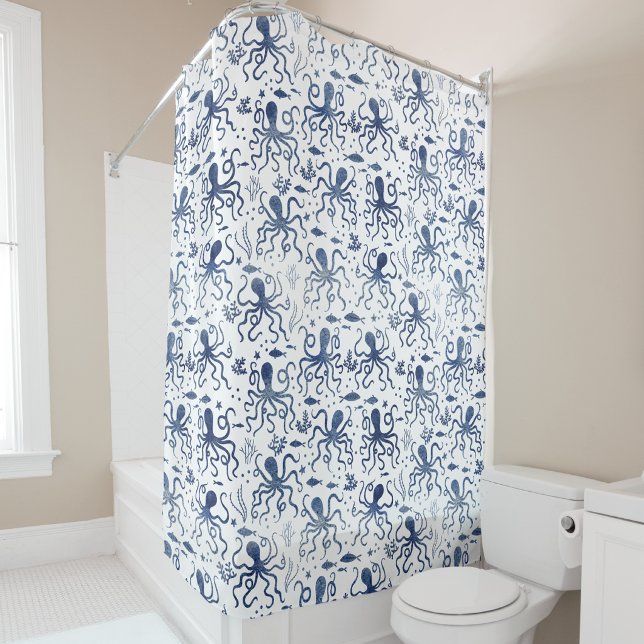 Küstengrün Wasserfarbe Unterwasser-Oktopus-Muster Duschvorhang (Octopus watercolor blue and white coastal ocean themed shower curtain)