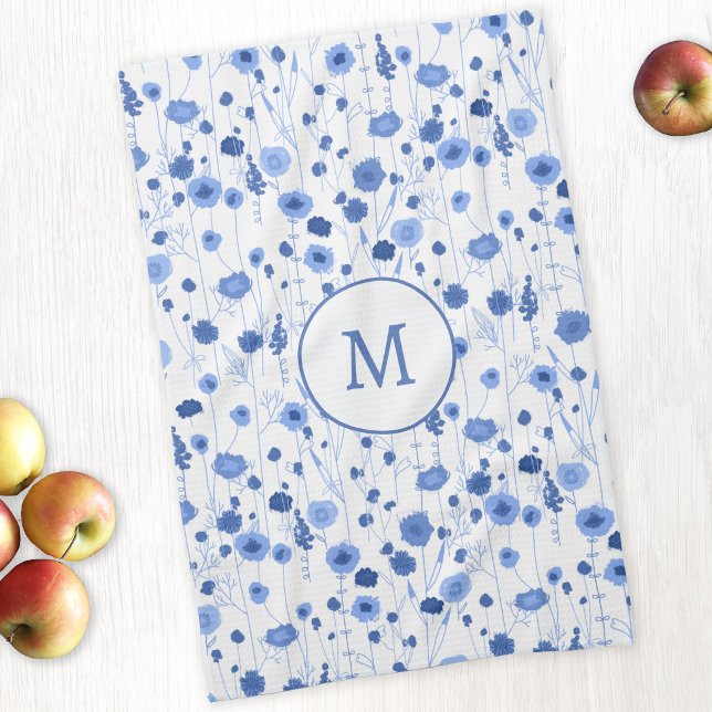 Küstengrün-weiße Wildblumen-Kunstmonogramm Geschirrtuch (Personalized monogram initial coastal blue white wildflower meadow art kitchen tea towel)