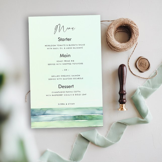 Küstengrünes Hochzeitsmenü am Strand mit Gezeitent (coastal wedding menu green theme tide pool sea sage modern elegant calligraphy beach ocean)
