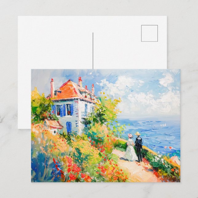 Küstenhaus mit Blume Impressionist Seascap Postkarte (Vorne/Hinten)