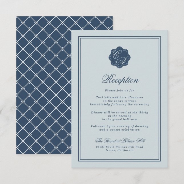 Küstenhochzeit Dusty Blue Monogramm Empfang Begleitkarte (Vorne/Hinten)
