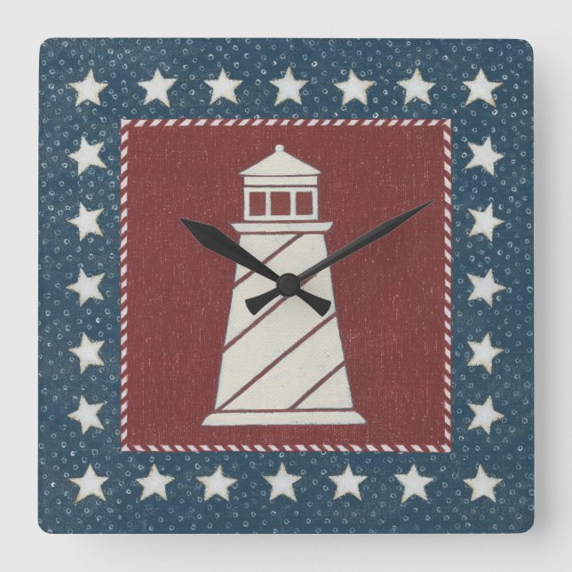 Küstenkunst | Leuchtturm auf Rot Quadratische Wanduhr (Vorderseite)